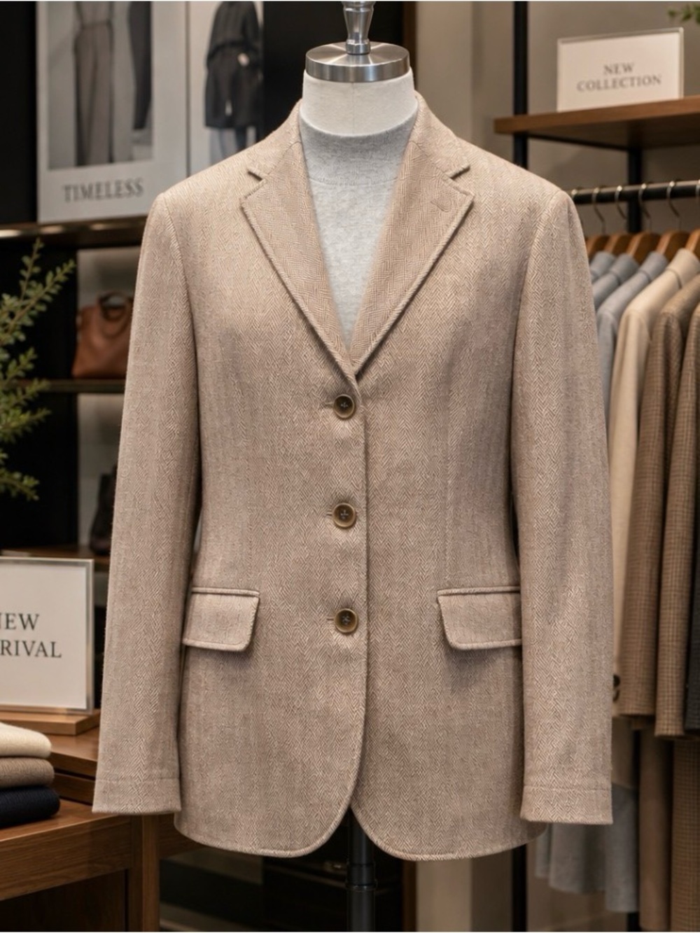 Cold water Creek Classic Herringbone Beige Wool Blazer